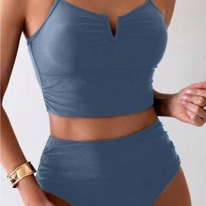 Slate Blue Bikini with Sweetheart Neckline and High-Waisted Fit
